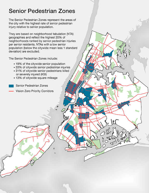 Map of updated Senior Pedestrian Zones, which represent the areas of the city with the highest rate of senior pedestrian injury relative to senior population