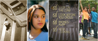 Four frame poster showing children, cars and check list - Stop, Look, Listen