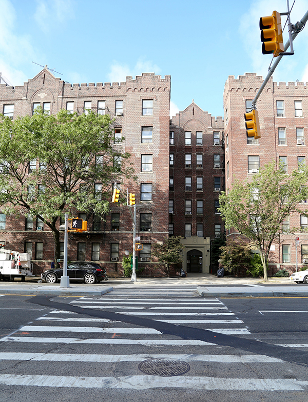 Across the street view of the new mid-block concrete pedestrian island.