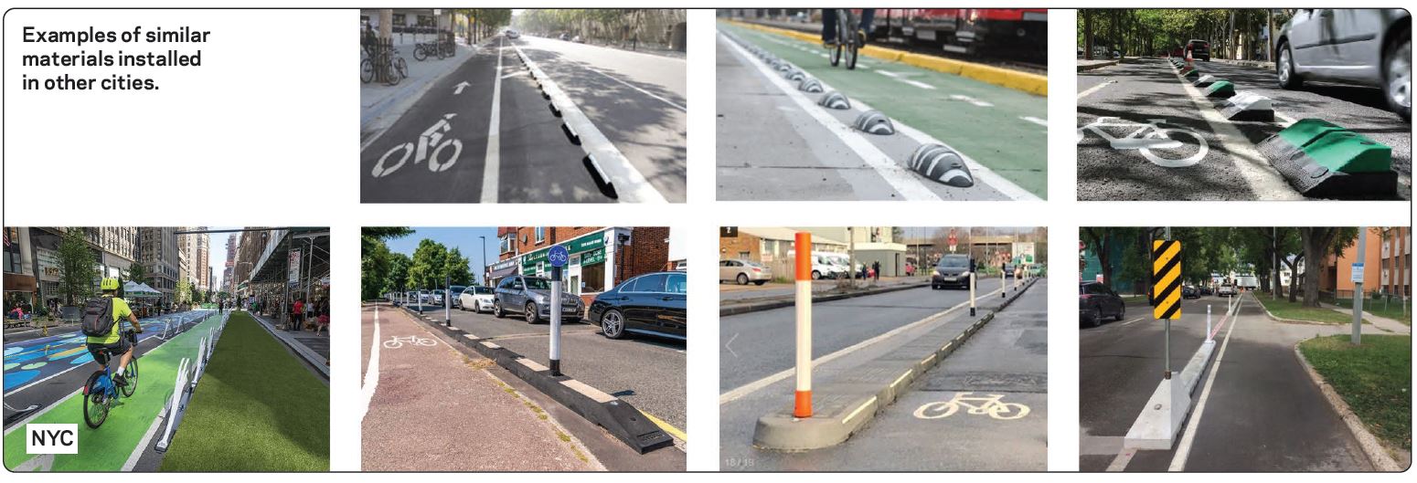 Examples of seven different bike lane barrier materials from other cities (and one from N Y C). Barriers are made of rubber, plastic, metal and concrete, with a variety of sizes and shapes.