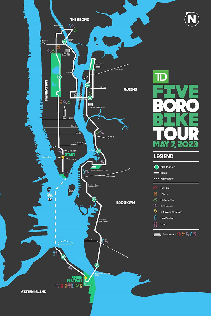 Map highlighting the route of the 2023 T D Five Boro Bike Tour.