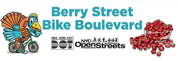 Graphics of a turkey riding a bicycle and a bowl of cranberries. Text reads Berry Street Bike Boulevard.
