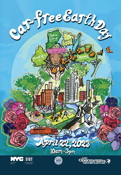 Poster for Car Free Earth Day depicting flowers, the five broughs, and people enjoying the outdoors