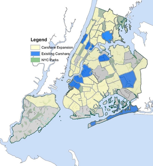 Map of New York City highlighting existing locations, carshare expansion areas and NYC parks.