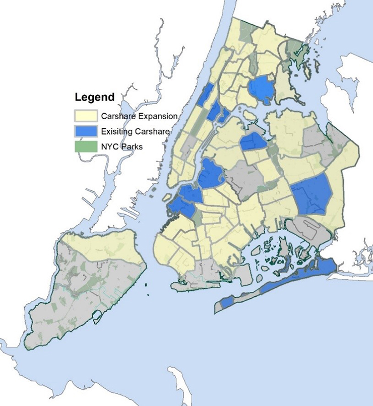 Map of NYC displaying areas where carshare exists, will expand to, and where parks are located