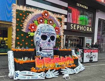 Dias de los Muertos altar setup in Times Square plaza