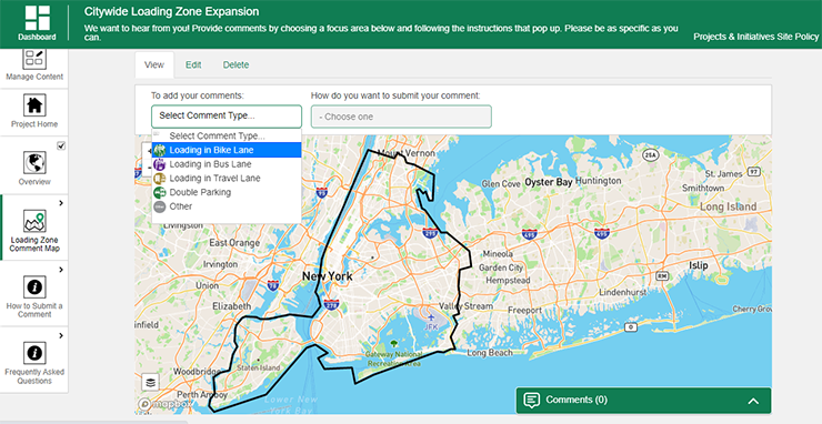 Screenshot of a new web platform where the public can pin locations on a map of New York City.