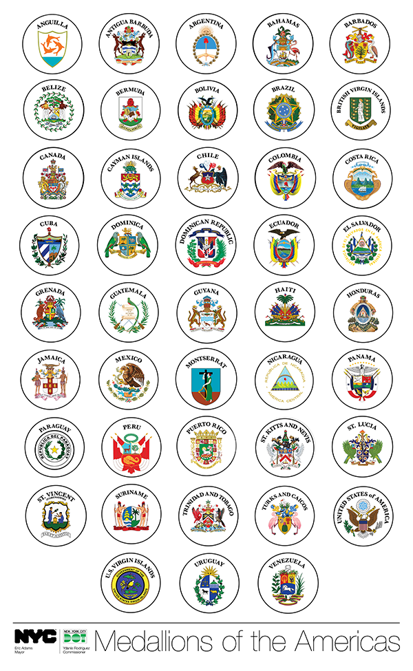 Collection of 43 different medallions with the coat of arms of countries in the Americas