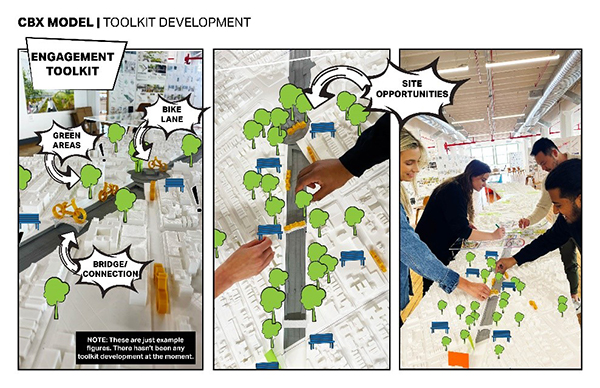Several people working on reimagine the Cross Bronx Expressway using a 3D model