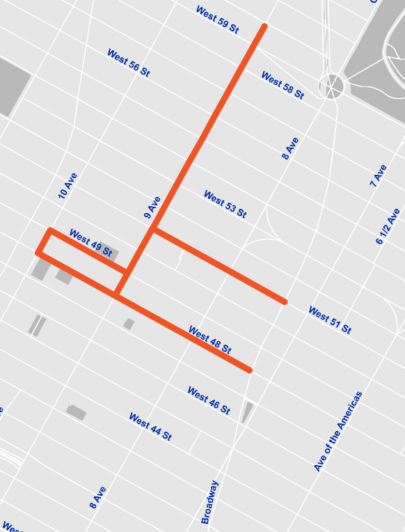 Map of water main on Ninth Avenue between West 48th Street and West 60th Street.