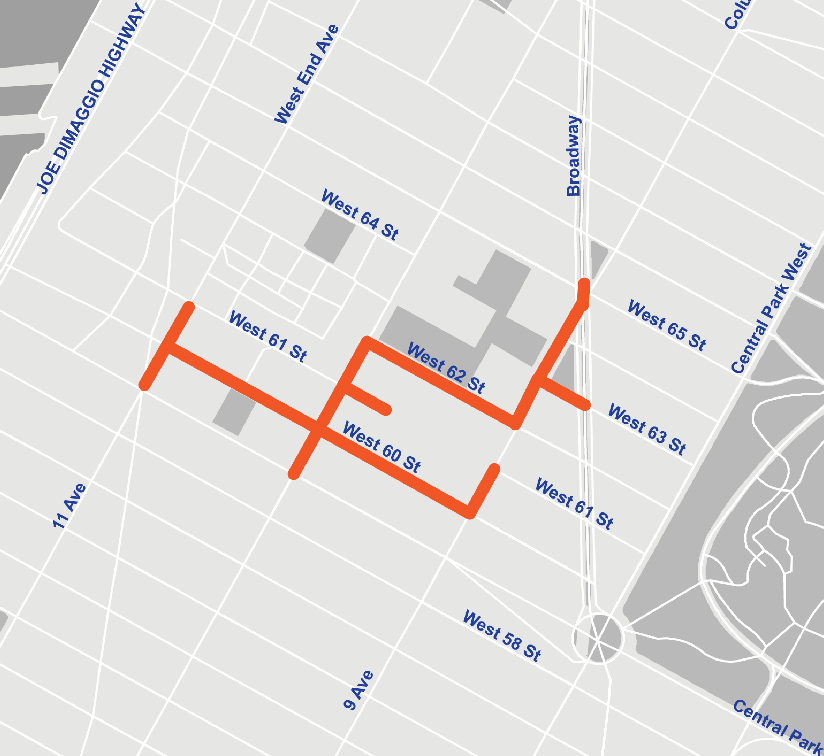 Map of water main on between West 60th and West 65th Streets, surrounding Ninth Avenue.