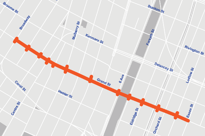 Map of water main on Grand Street from Broadway to Essex Street.