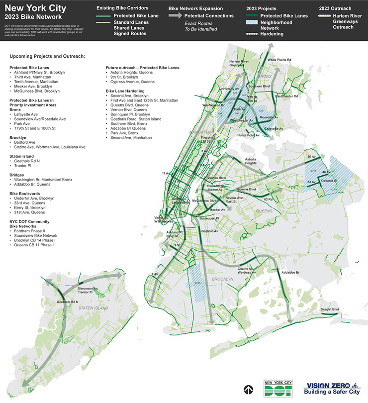 New York City 2023 Bike Network map showing the existing bike network and where upcoming projects and outreach is planned.