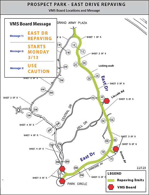 Map highlighting repaving limits on Prospect Park’s East Drive