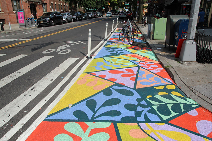 View  of Kaleidoscope asphalt mural at 31st Avenue in Queens
