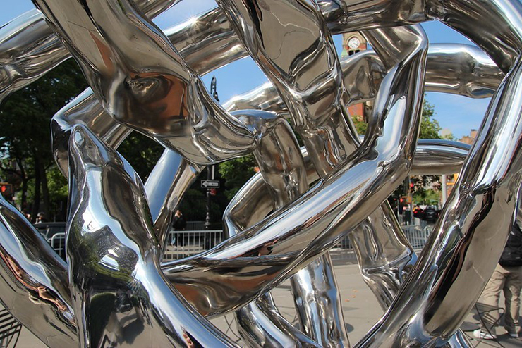View of Gathering Currents sculpture on display at Ruth E Wittenberg Triangle in Manhattan. Photo Credit: NYC DOT. 