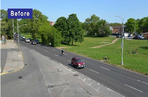 A before image of a wide roadway with three vehicular travel lanes. A pedestrian crosses the street in between vehicular traffic.