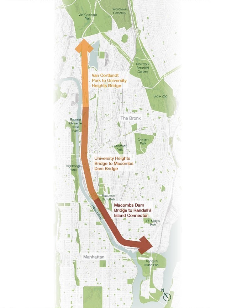A map of three focus areas for the Harlem River Greenway in the Bronx, each highlighted with a different colored arrow.