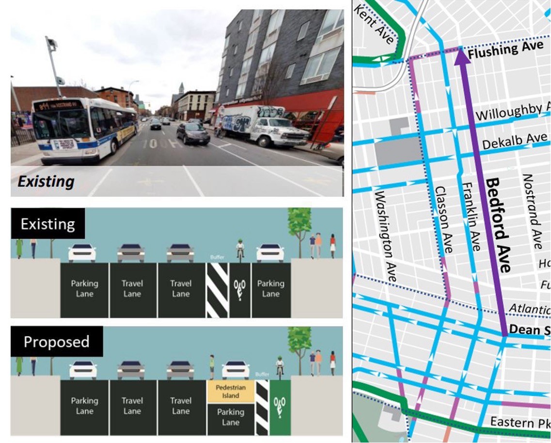 Image of a portion of the Bedford Avenue redesign being implemented