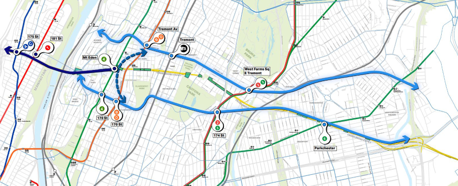 Map of potential east-west transit connections along the Cross Bronx corridor