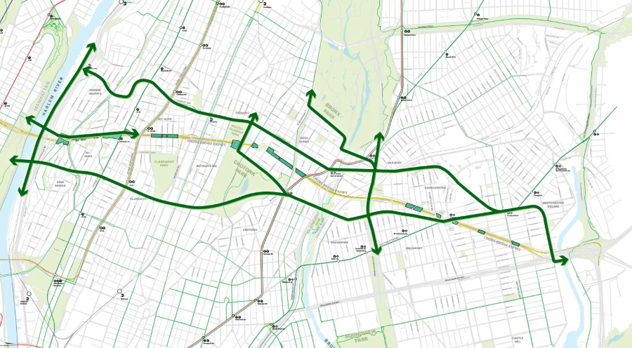 Map of potential east-west cycling connections along the Cross Bronx corridor 