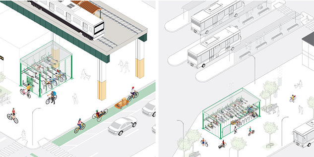 Rendering of example designs for high-capacity bike parking facilities on sidewalks.