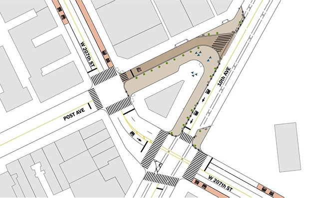 Rendering of the redesign of Post Avenue, between West 207th Street and 10th Avenue, in Inwood