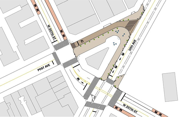 Rendering of the redesign of Post Avenue, between West 207th Street and 10th Avenue, in Inwood