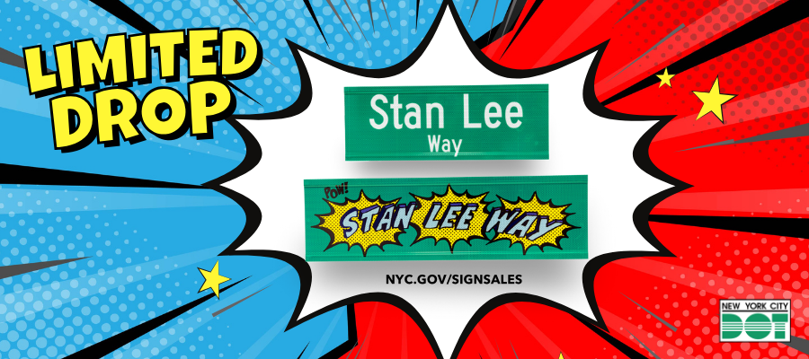 Image of Comic book like poster displaying two street signs for Stan Lee Way