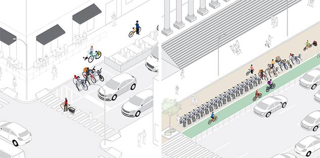 Rendering of two potential designs for self-locking racks, with one rack set nearby the intersection to improve visibility and another adjacent to a bike share station.