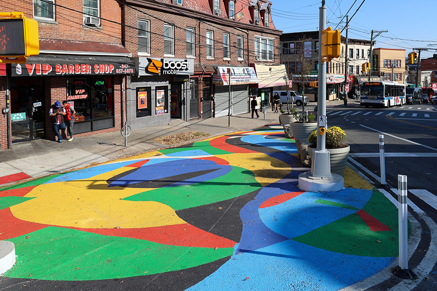 Asphalt art mural by Mollie Hosmer-Dillard in partnership with On Your Mark, located on Victory Boulevard and Corson Avenue on Staten Island.