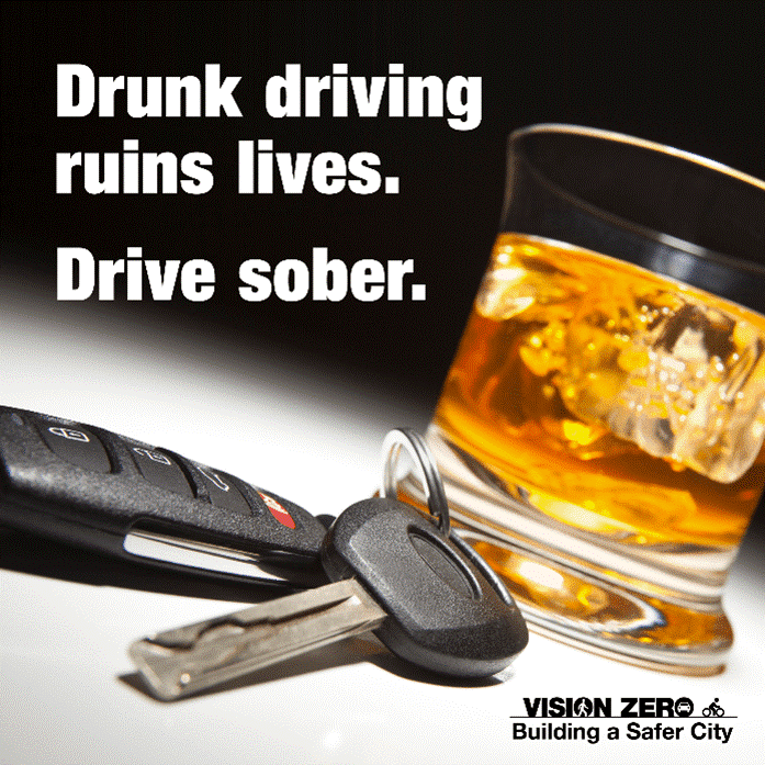 Car keys and a whiskey glass. Text: Drunk driving ruins lives. Drive sober. Vision Zero logo.