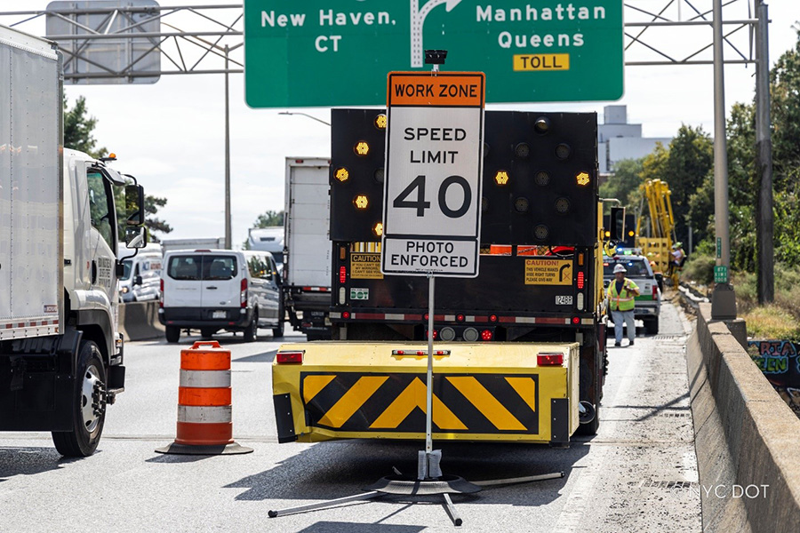 A road work zone setup along the Major Deegan Expressway in the Bronx.