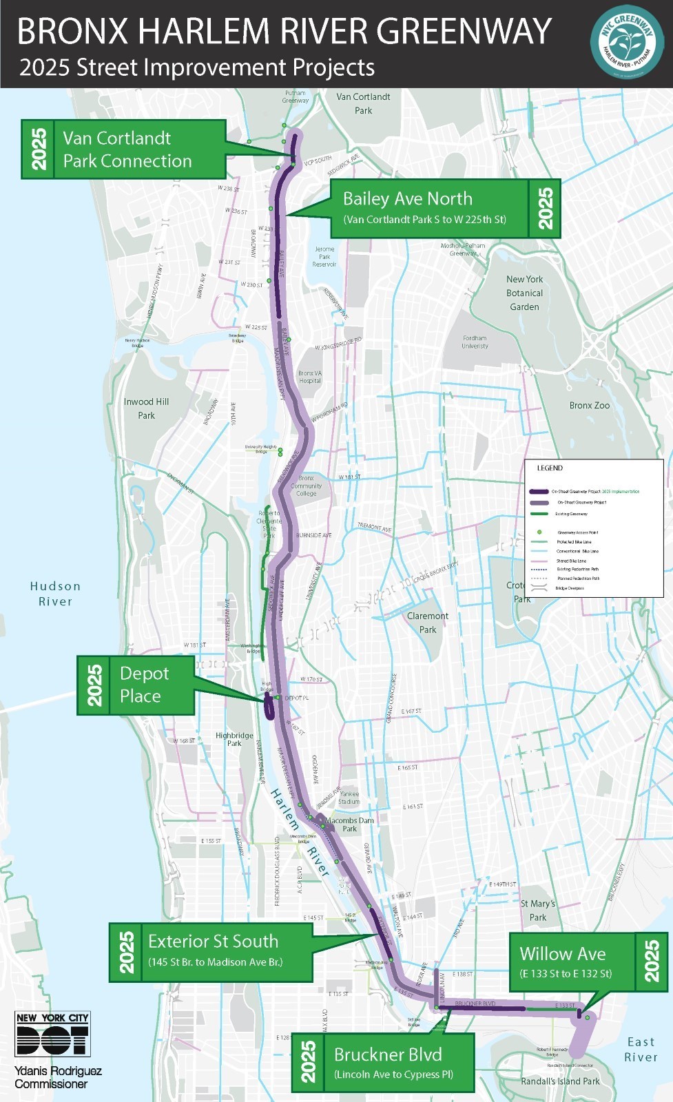 Map of near-term Harlem River Greenway projects that NYC DOT will install in 2025. Credit: NYC DOT 