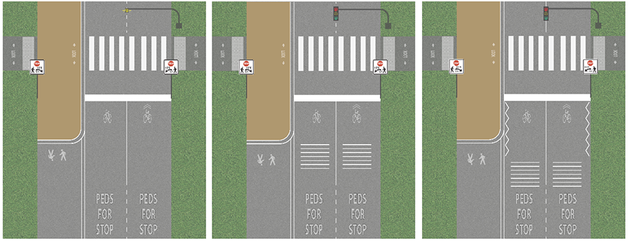 Renderings of three crosswalk designs to be installed for locations with low pedestrian volumes, medium pedestrian volumes, and high pedestrian volumes.