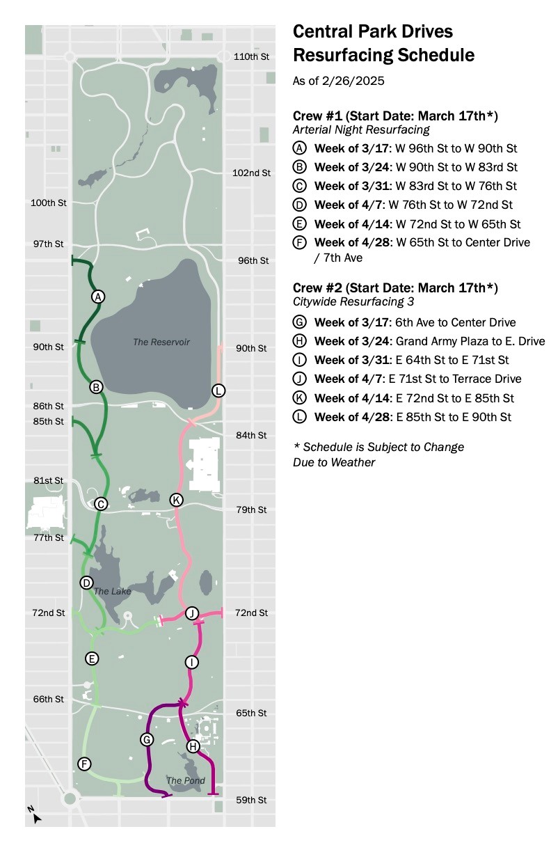 Map highlighting the resurfacing schedule for the southern section of the Central Park Drives.