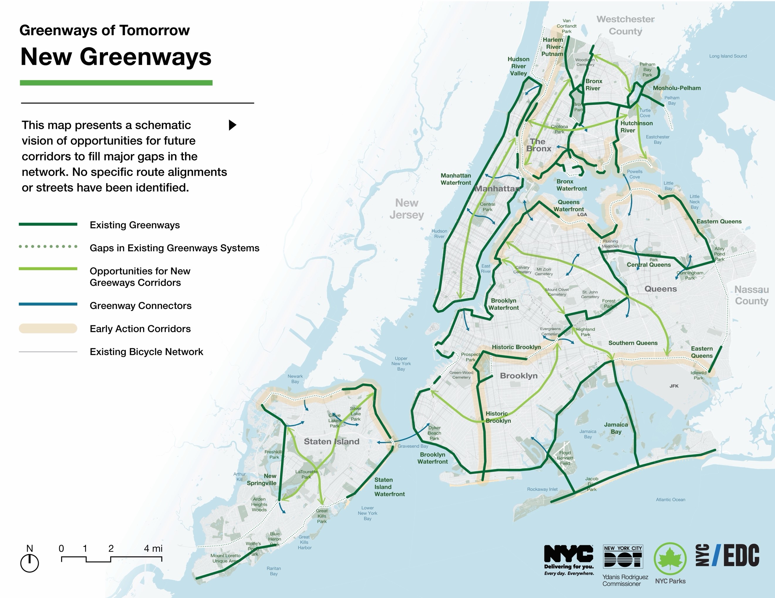 Map of existing and proposed greenway routes under development as part of the city's historic greenway expansion across the five borough