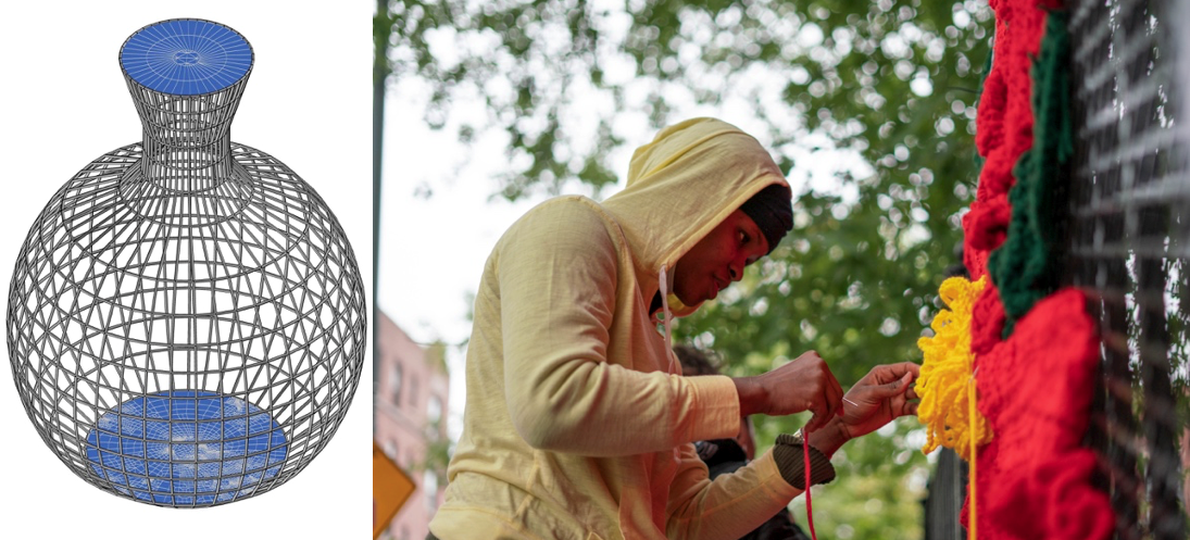 Left: Rendering of Yafatou Sarr’s Weaving the Future: A Vessel of Water, Roots, and Community’s steel structure which will be covered with crochet elements, to be installed at Grand Concourse and East Fordham Road in the Bronx Right: Photo of Sarr crocheting on the Concourse House fence. Photo Credit: ADISHOOTS Adiana Rivera (2021).