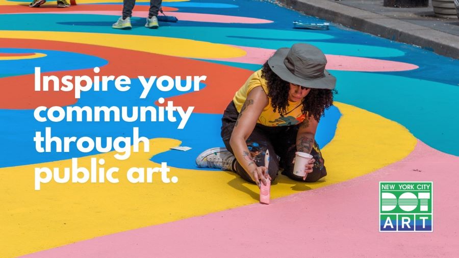 Artist painting a colorful street mural with the text 'Inspire your community through public art.'