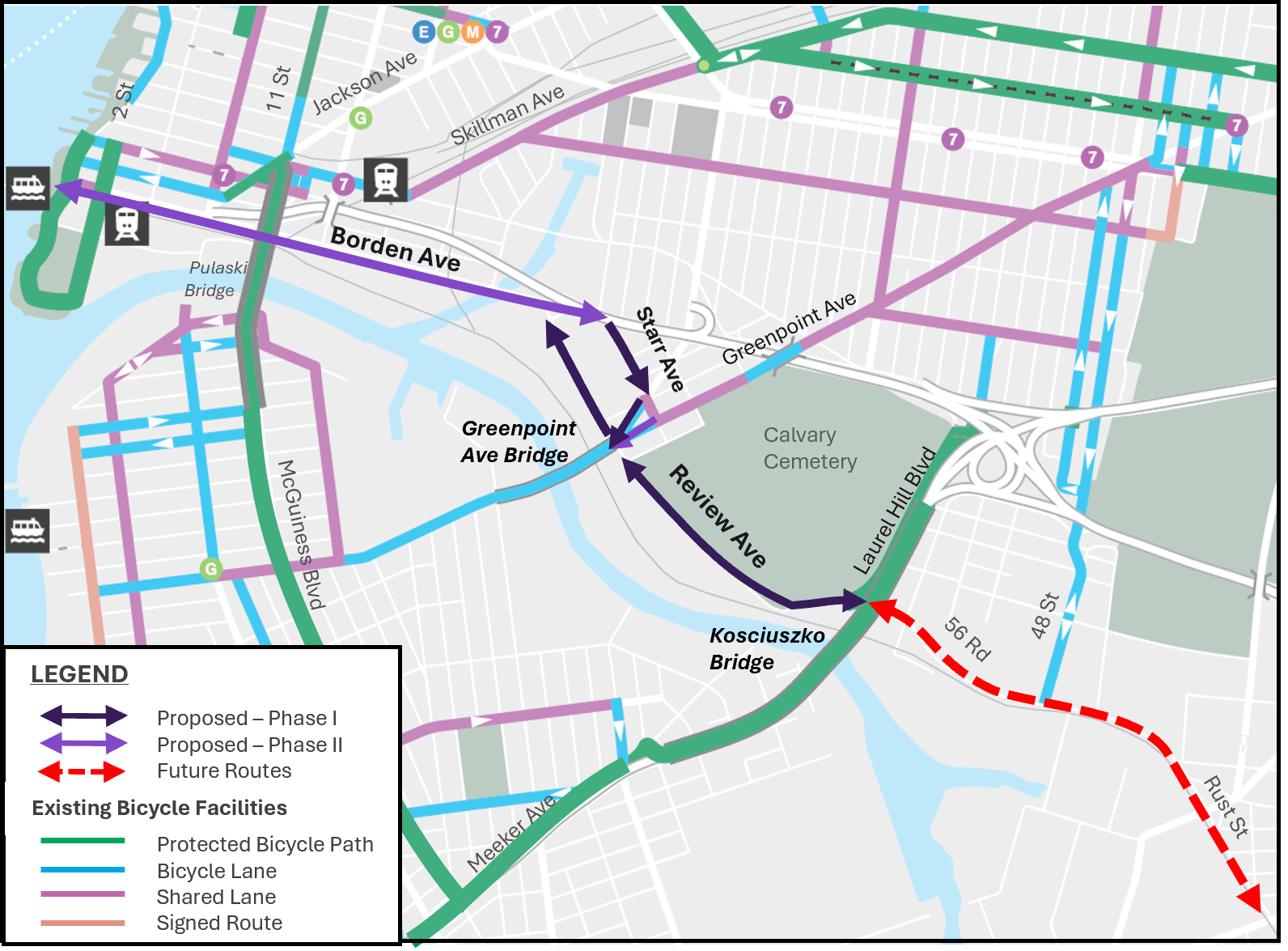 Map of the in-progress Blissville bike network in western Queens.