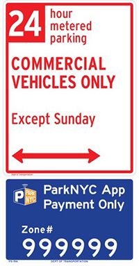 Two images one on top of the other.  One image of a matered pay-by-app sign and on top of it is an overnight truck parking sign.
