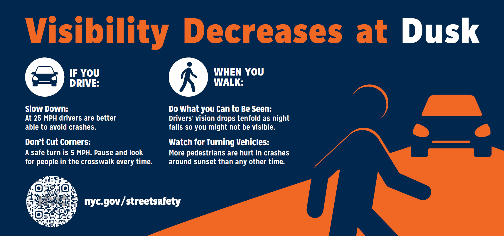 Dusk and Darkness tips being distributed today to drivers and pedestrians. Credit: NYC DOT 