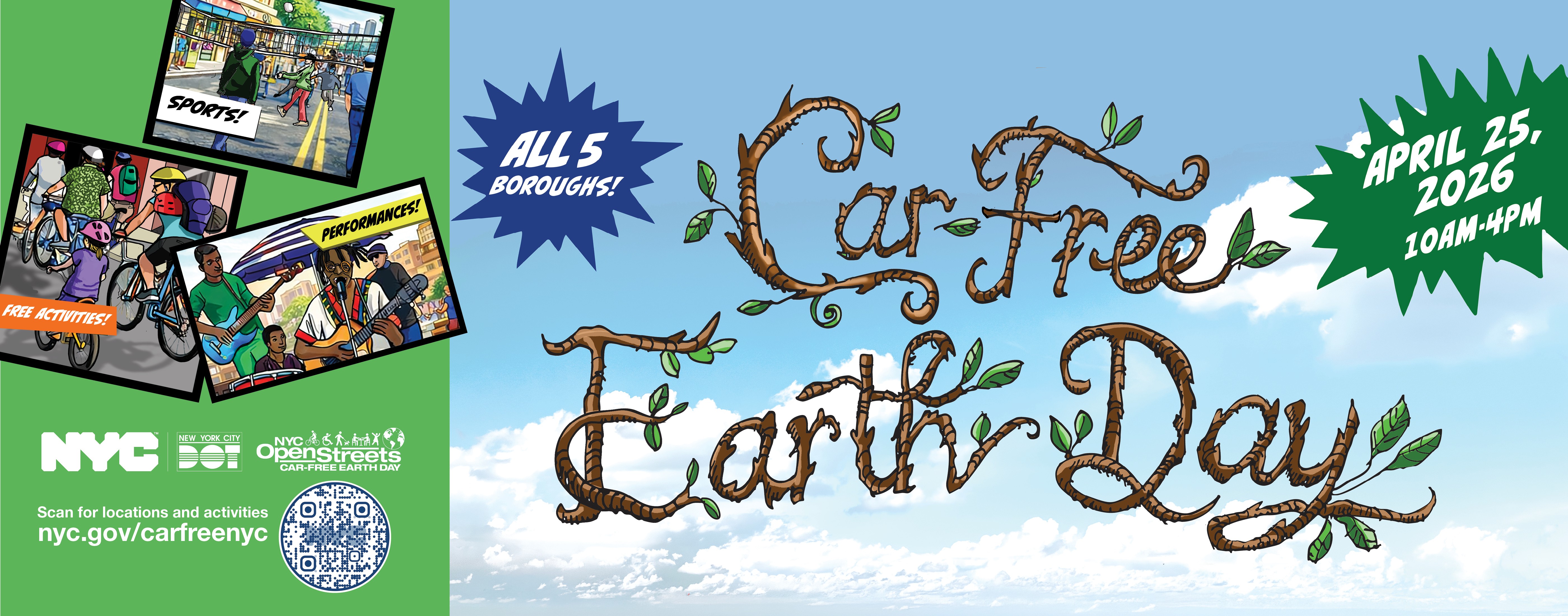 Car-Free Earth Day event artwork showcasing fee activities, sports, and musical performances happening on April 25, 2026 from 10am to 4pm in all five New York City boroughs. 
