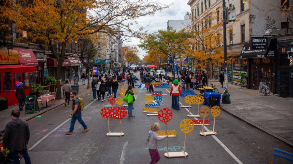 Pedestrians walk along the Franklin Avenue Open Street in Brooklyn. Credit: Street Lab