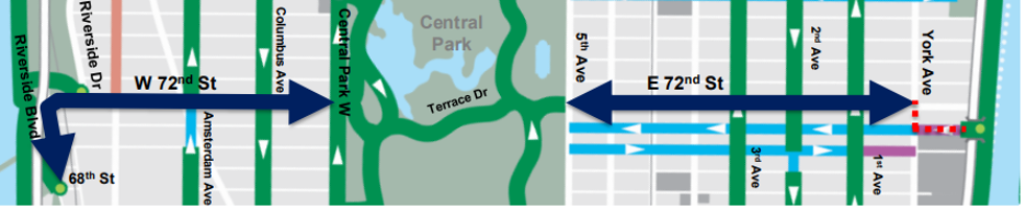A map of the proposed protected bike lane route for 72nd Street in Manhattan.