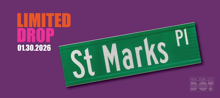Green and white Saint Marks Place street sign. N Y C D O T limited drop on January 30, 2026.