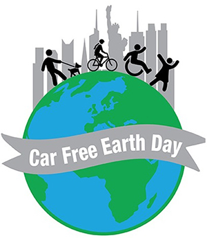Graphic of the Earth with the N Y C skyline and icons of people with different abilities on top of it. A gray banner reads Car Free Earth Day