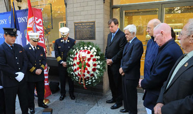 Chief of Department Salvatore Cassano, First Deputy Fire Commissioner Frank Cruthers and *********** laid a wreath to commemorate the 42nd Anniversary of the 23rd Street fire. Numerous active and retired members took part in the ceremony, including FF Brian Finley (far left) and retired Capt. Manny Fernandez (fourth from the right).