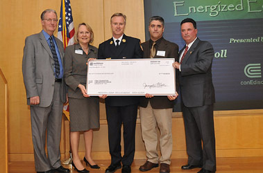 (L to R) Vice President of Emergency Management George W. Greenwood (Con Edison); Senior Vice President of Gas Operations Mary Jane McCartney (Con Edison); Assistant Chief of Operations Robert Sweeney (FDNY); Deputy Chief Jim Daly, Division 1 (FDNY); and Field Operations Planner of Emergency Management Matthew Palmer (Con Edison).
