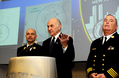 Fire Commissioner Nicholas Scoppetta is joined by Chief of Department Salvatore Cassano (left) and Chief of Operations Patrick McNally as he announces the fire units that will be closed at night starting Jan. 17